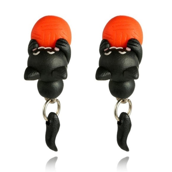 Black Cat Orange Ball Dangle Earrings - Picture 2 of 2